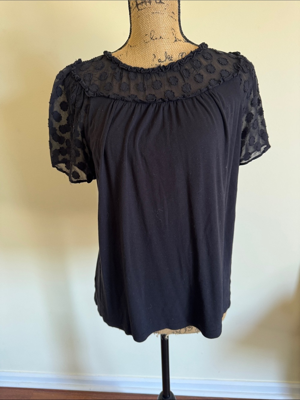 LOFT Black Dot-Texture Mesh Yoke Short Sleeve Top